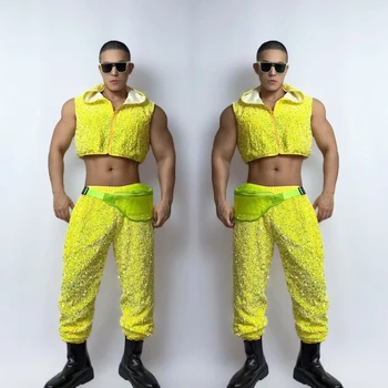 Флуоресцентно-желтый сценический костюм, мужское пальто с блестками, брюки, одежда для выступлений певца и танцора Y2K, модный танцевальный костюм в стиле хип-хоп VDB6798