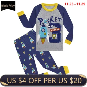 Хлопчатобумажный пижамный комплект для мальчика Детская домашняя одежда с длинными рукавами из мультфильмов, теплая пижама для малышей, пуловер с круглым вырезом, топ и брюки, повседневная одежда