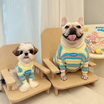 Цветной полосатый пуловер для домашних животных, вязаный свитер, теплые свитера для собак, шнауцеров, французских бульдогов, Осенняя и зимняя новая одежда для собак