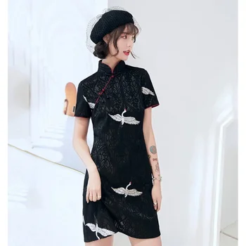 Черное Восточное платье Короткий Чонсам Китайское Традиционное Платье Халат Винтажное Женское Современное Платье Для Девочек Китайское платье Qipao 11219