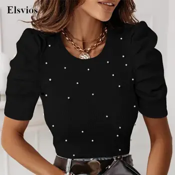 Элегантная рубашка в рубчик с пышными плечами, пуловер, Модная женская однотонная блузка с коротким рукавом, Топы, повседневные рубашки с круглым вырезом и бисером, блузки