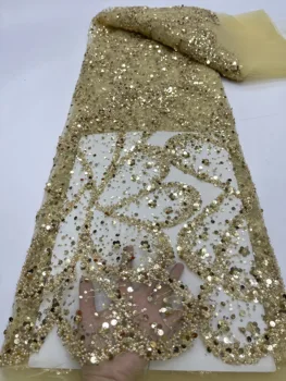 Элегантная Французская вышивка, Тяжелая вышитая бисером сетчатая кружевная ткань 2024 года, Африканская Нигерийская тюлевая сетка, блестящая ткань с пайетками для свадебного платья